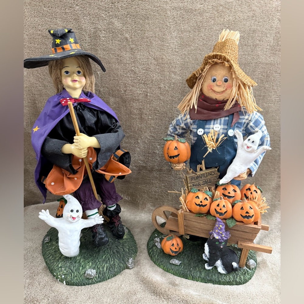 Scarecrow and Witch 13” Fabric Mache Halloween Figurines